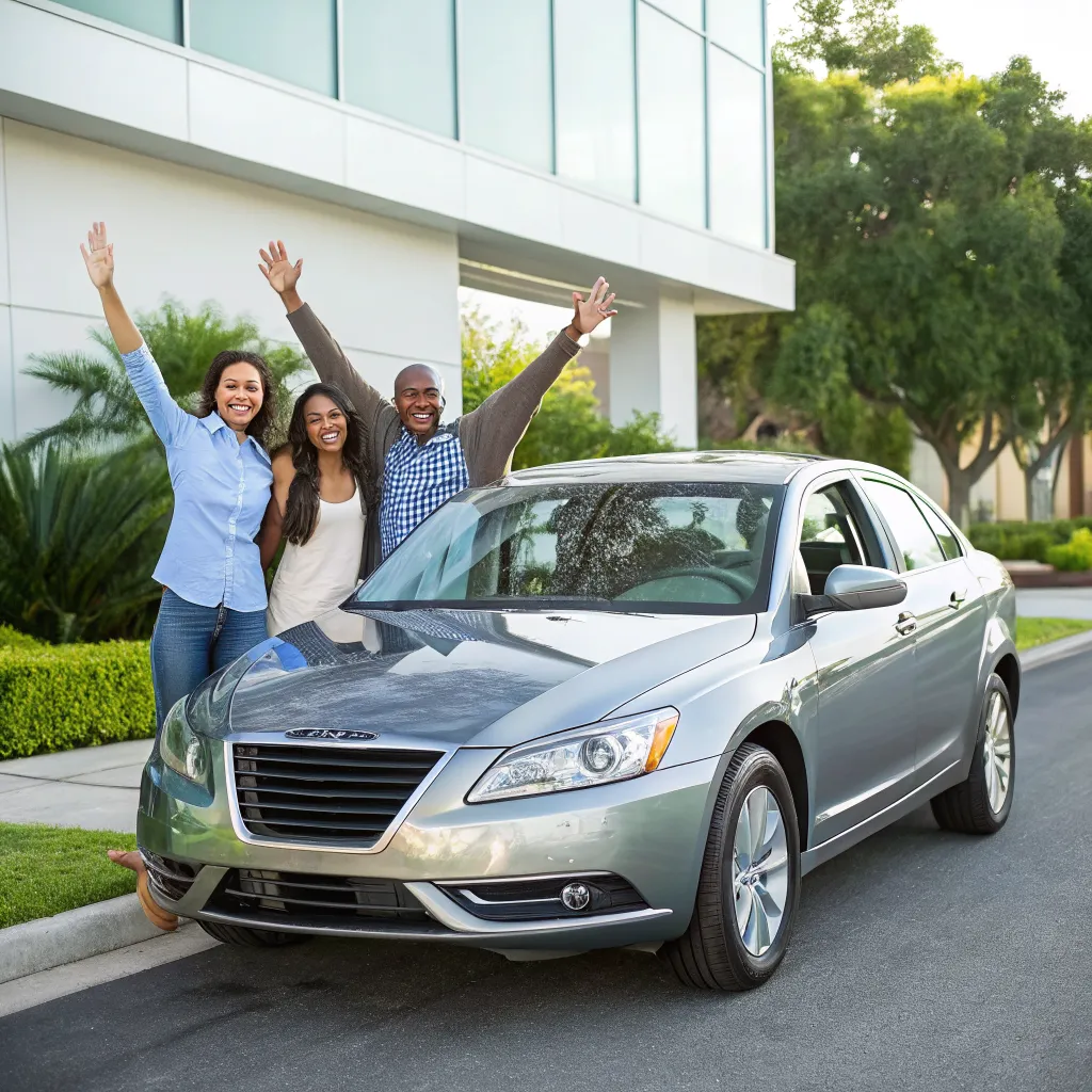 Happy customers with rental car